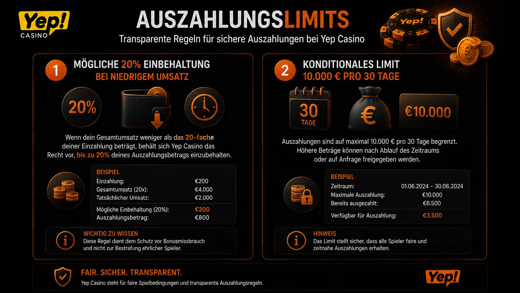 Yep Casino Auszahlungslimits und mögliche 20 Prozent Einbehaltung