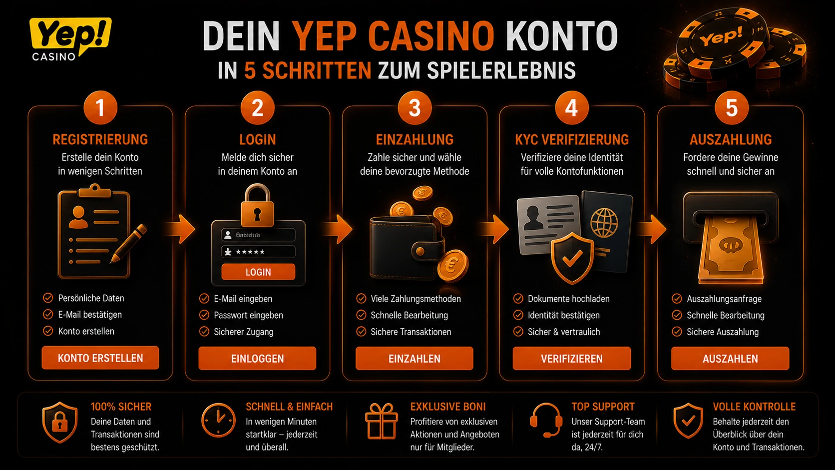 Yep Casino Konto Ablauf von Registrierung und Login bis KYC und Auszahlung