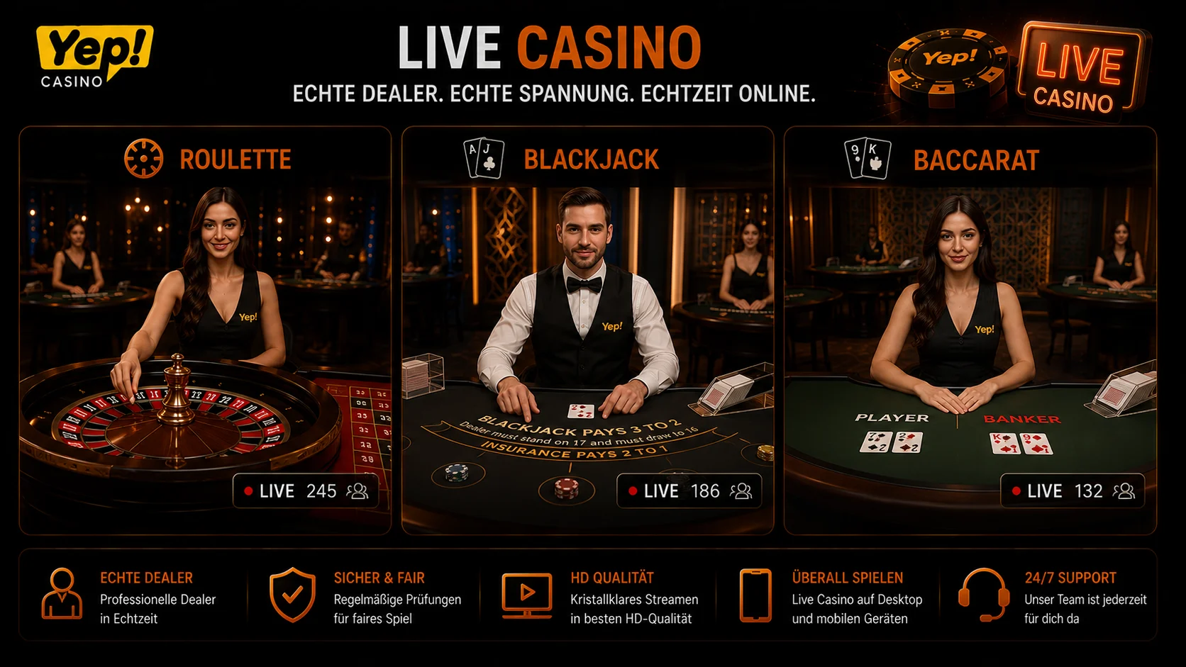 Yep Casino Live Casino mit Roulette Blackjack und Baccarat
